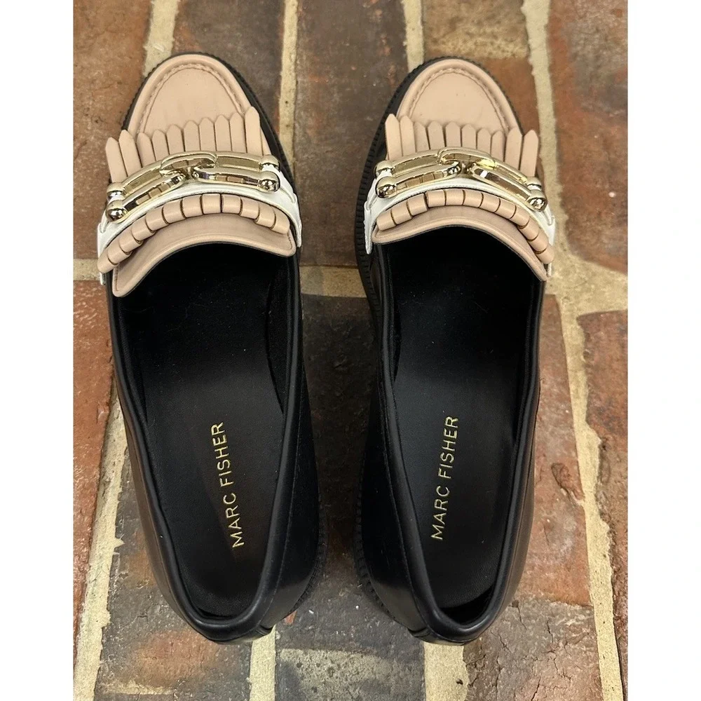 Marc Fisher Calisto Kiltie Fringe Loafers Black Beige White Gold Chain Women 9.5